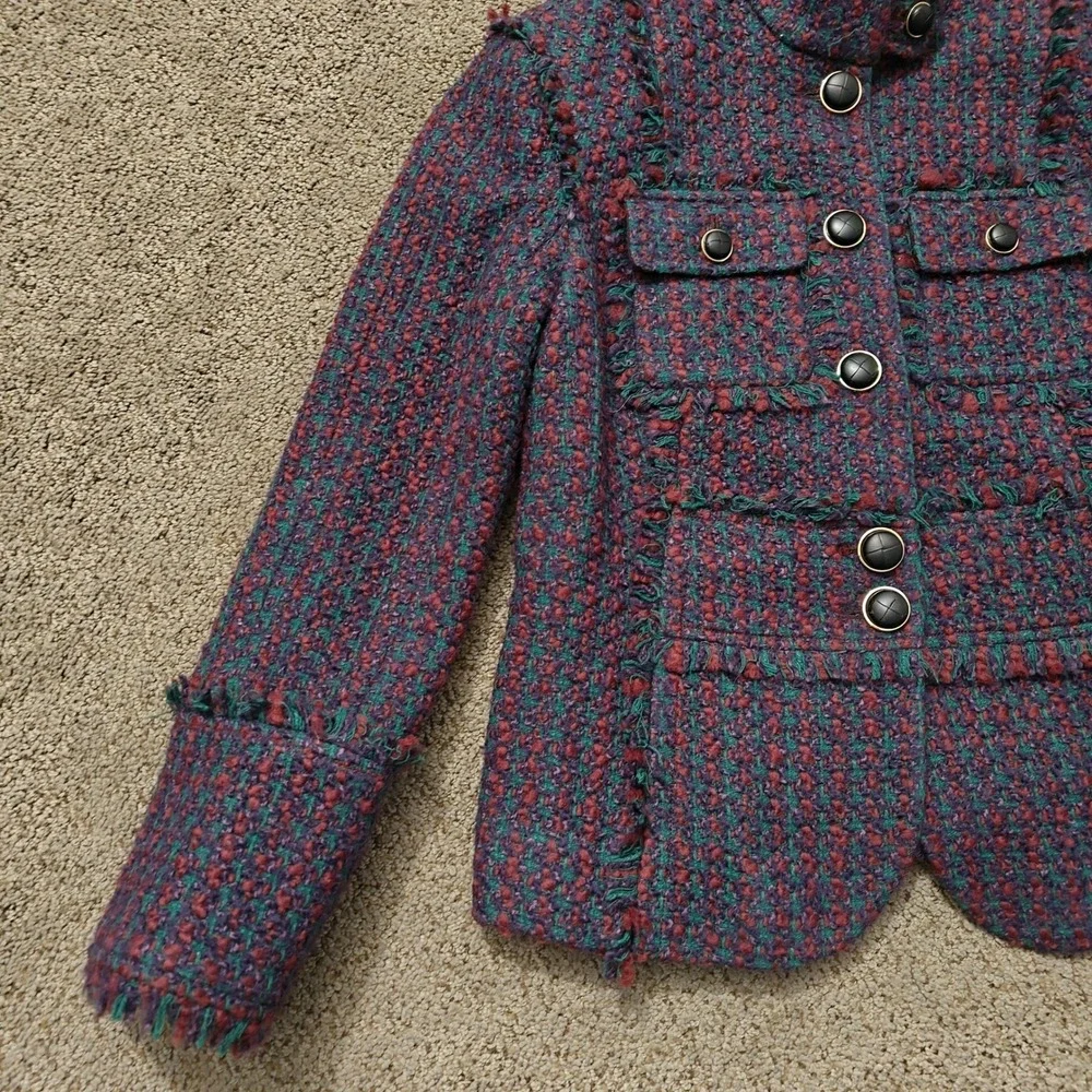 Tory Burch Burgundy Teal Tweed Frayed Trim Military Jacket Size‎ 4 Logo Buttons